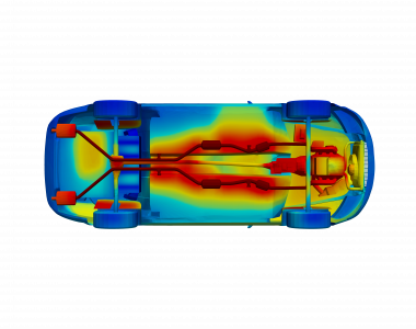 thermal simulation model of audi a6 showing underbody and exhaust heat radiation on heatshields