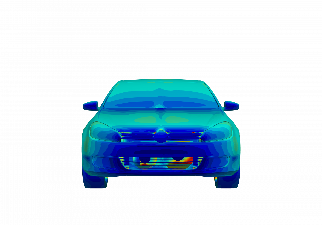 front of volkswagon golf with warm hood and hot underbody for thermal analysis