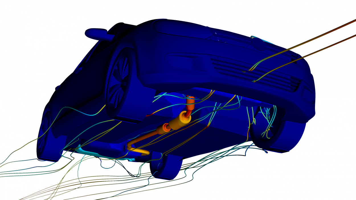 underbody thermal analysis of volkswagon golf with thermal results and cfd streamlines transparent