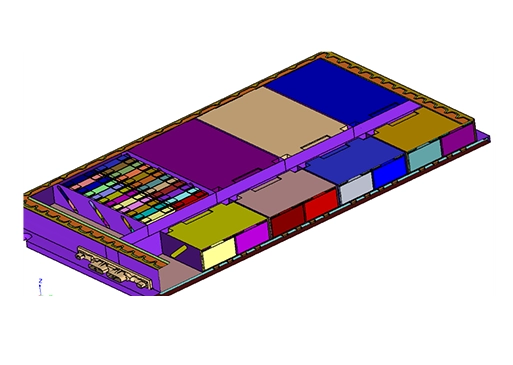 Simplified 3D model of a vehicle battery pack showing individual cells and modular components arranged within the enclosure.