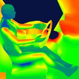 application-sample Thermal comfort simulation of a seated driver showing body temperature distribution interacting with the vehicle cabin environment.