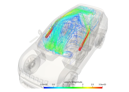 Transparent car cabin with airflow streamlines illustrating defrost and air circulation patterns.
