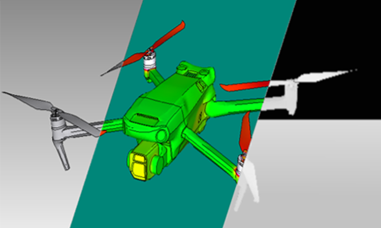 application-sample Drone model with section cut highlighting internal components and thermal regions.