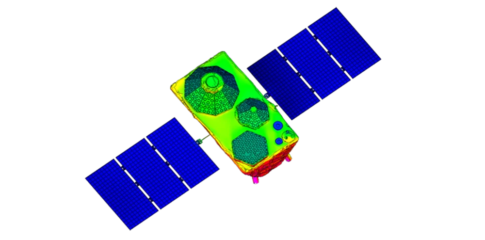 Satellite thermal model showing temperature distribution across body and solar panels.