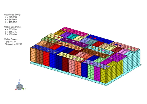 Block-style battery pack model with colored segments representing different cells or materials, including mesh details and model dimensions.