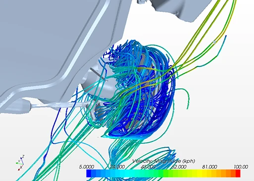 application-sample Airflow simulation around a vehicle wheel assembly, showing swirling streamlines and velocity magnitude with a color scale from blue (low speed) to red (high speed).