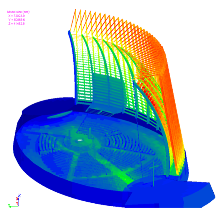 application-sample CFD simulation of airflow over a curved architectural structure, showing velocity or pressure distribution with colors transitioning from blue (low) to red (high).