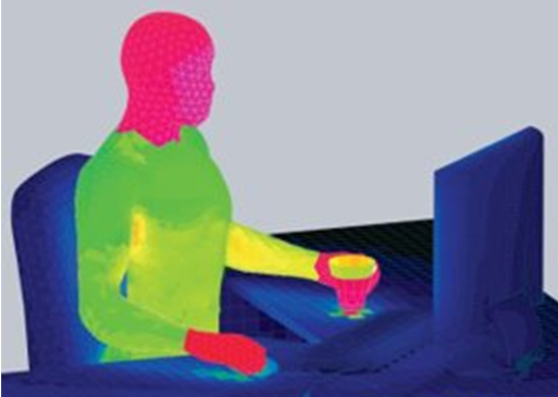 Thermal comfort simulation of a seated person at a desk, showing heat distribution across the body and surrounding environment using a color gradient.