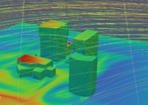 CFD wind flow simulation around urban buildings, with a color-mapped pressure/velocity field showing high-pressure zones (red/orange) on windward faces and accelerated flow (blue) around building edges.