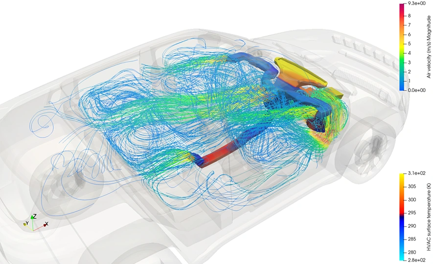 CFD visualization of airflow and heat transfer inside a vehicle cabin around a seated passenger, with colored streamlines indicating velocity and temperature effects. CFD simulation of airflow inside a vehicle cabin showing air velocity streamlines and HVAC surface temperatures.