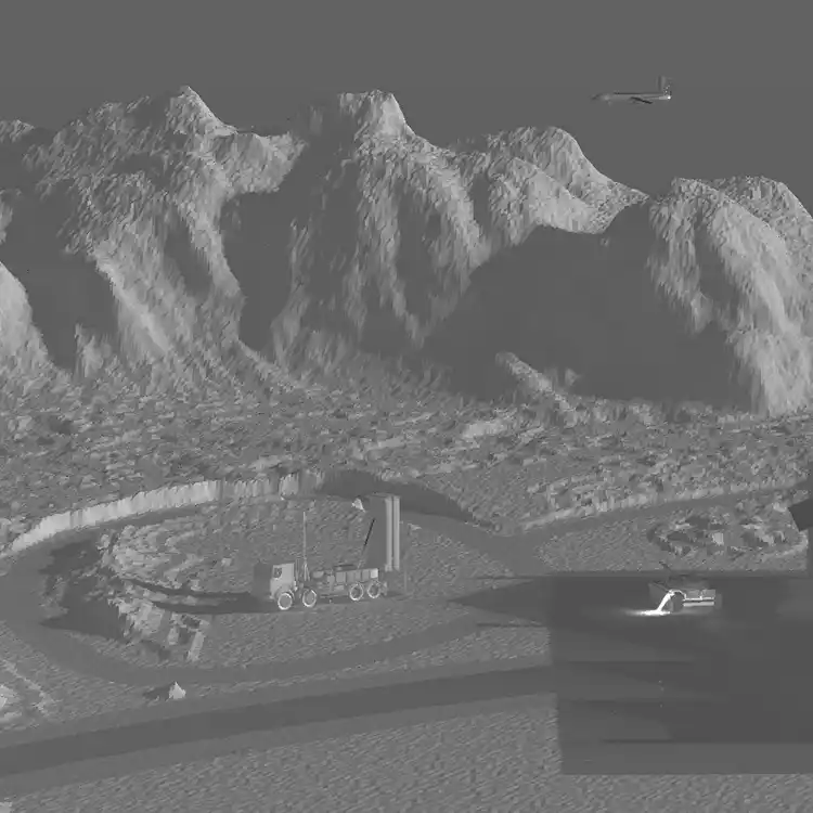 application-sample Grayscale infrared scene of mountainous terrain with vehicles, structures, and an aircraft overhead.