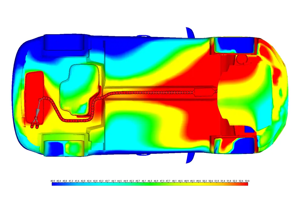 application-sample Top-down vehicle thermal map highlighting heat distribution across fuel system and cabin floor.