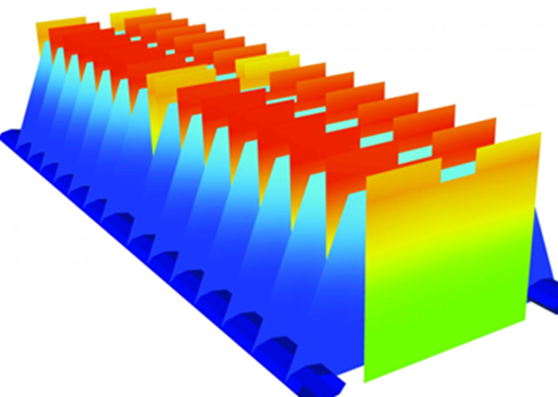 application-sample Heat distribution across finned component, showing temperature gradient from base to tips.