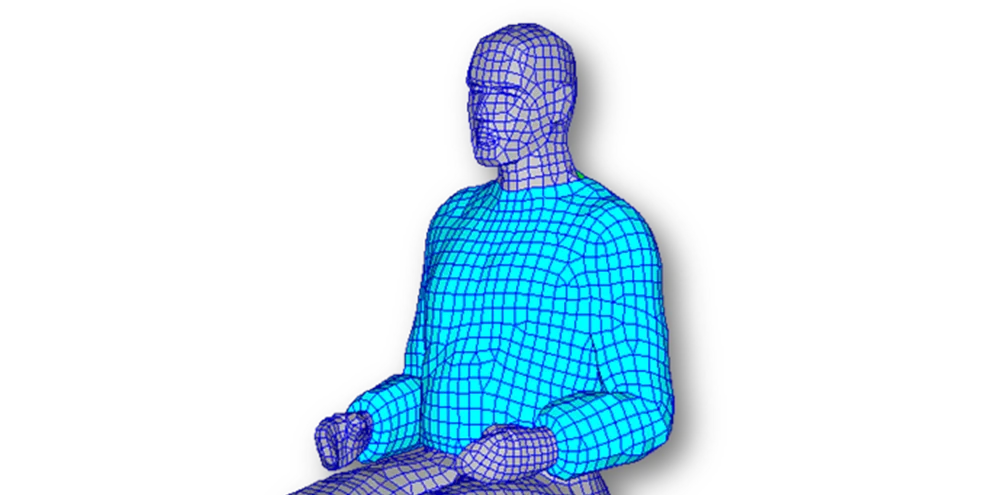 Blue wireframe model of a seated human figure against a dark teal background.