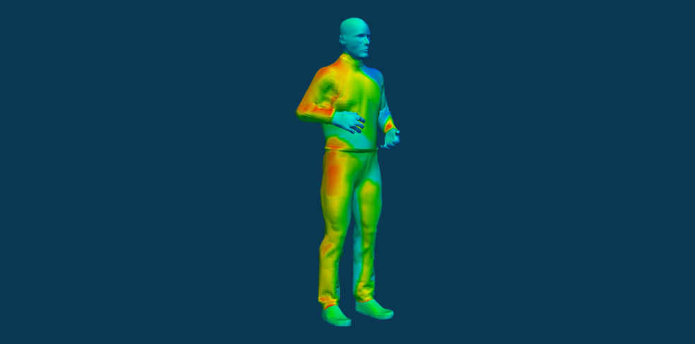 3D standing human figure with color-coded thermal map showing heat distribution across the body.