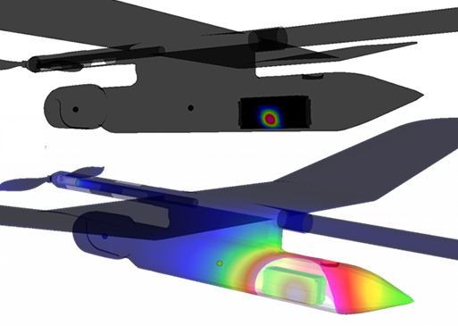 UAV model showing localized heat/radiation impact on fuselage from directed energy source.