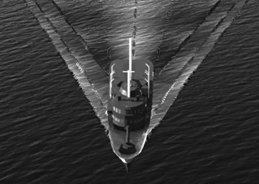application-sample Overhead view of ship leaving wake trails in water, shown in grayscale imaging.