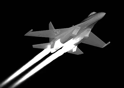 Fighter jet with infrared exhaust plumes extending behind engines.