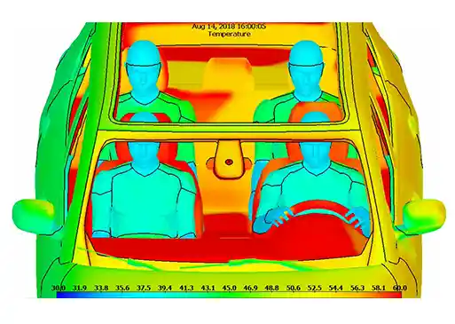 application-sample Thermal view of a vehicle cabin showing temperature differences across passengers and interior surfaces.