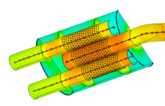Muffler and pipe assembly with color-coded temperature distribution along internal flow paths.