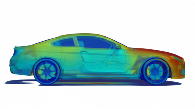 Vehicle thermal simulation showing heat distribution across the body and internal components.