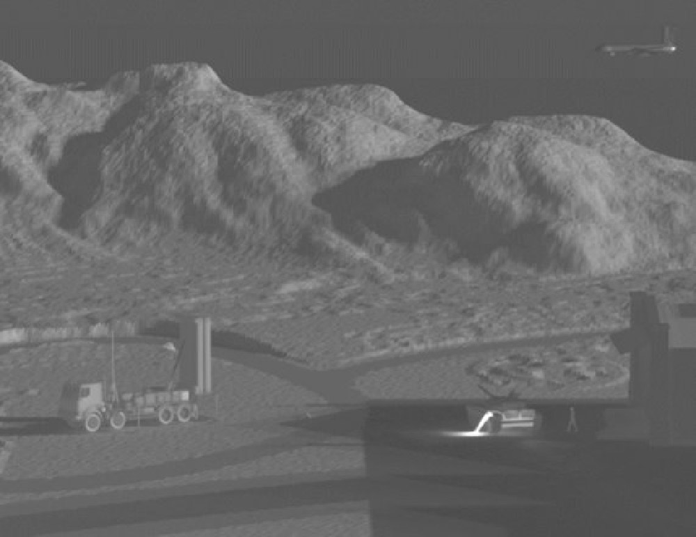 Multi-spectral scene comparing SWIR, LWIR, MWIR, and VNIR imaging of terrain and trees.
