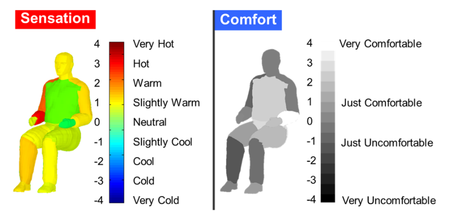 Thermal imaging of a person, comparing sensation levels vs comfort levels
