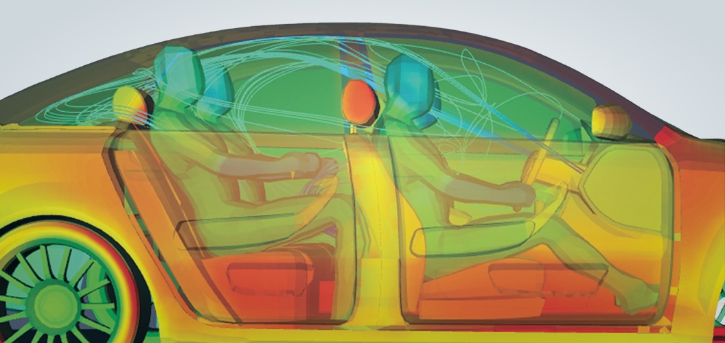 CFD thermal simulation of a car interior showing heat distribution across seats and cabin surfaces, visualized with a red-to-green color gradient and airflow streamlines.