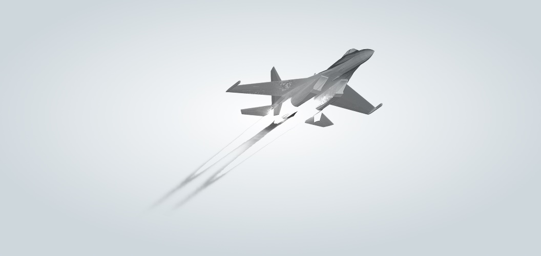 Grayscale infrared signature simulation of a military fighter jet in flight, with engine exhaust plumes rendered in varying shades to indicate heat emission levels.
